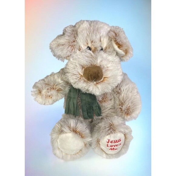 Fiesta Jesus Loves Me Puppy Dog w/ScarfPlush Stuffed Animal Two Tone Ivory Brwn - Picture 1 of 11